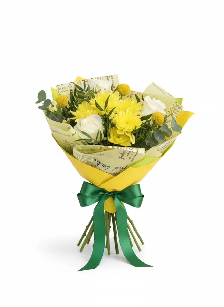 Buchet Soare cu Crizanteme Galbene și Trandafiri Albi