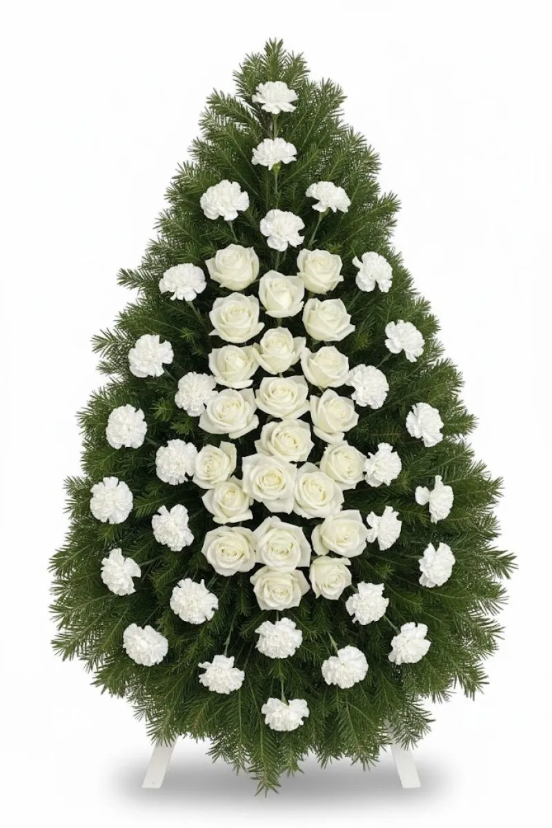 Coroană Funerară Albă cu Trandafiri și Garoafe