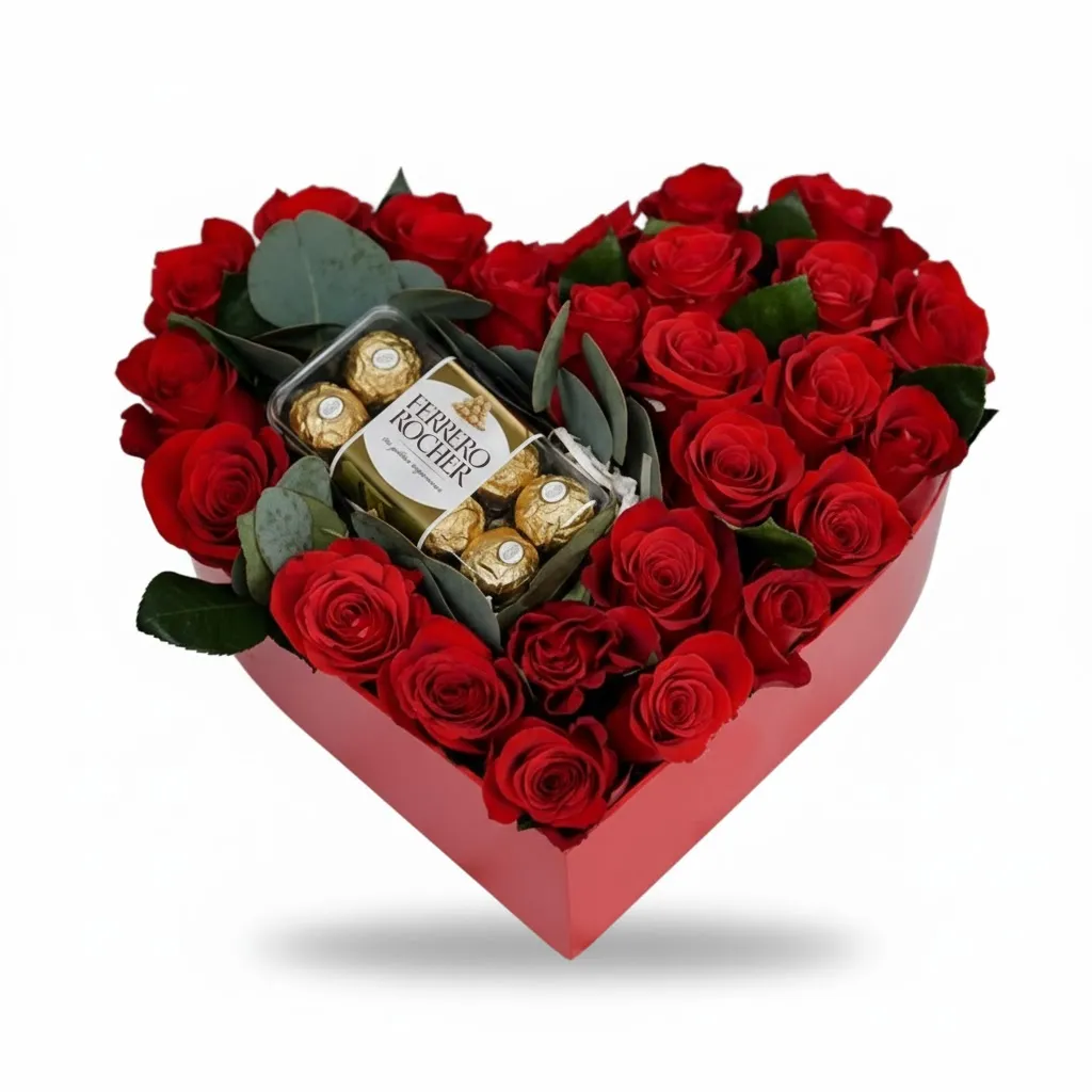 Aranjament Inimă Roșie cu Trandafiri și Ferrero Rocher Premium