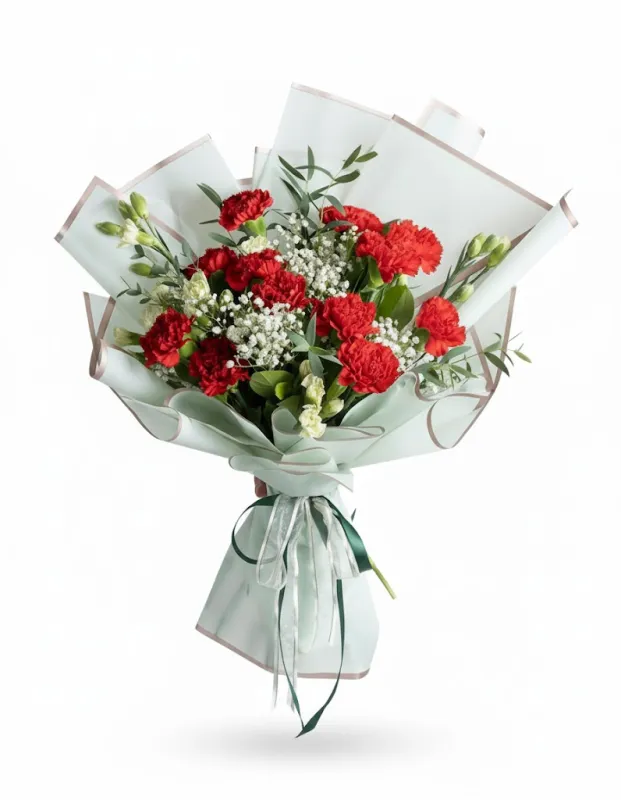 Buchet Elegant cu Garoafe Roșii și Floarea Miresei