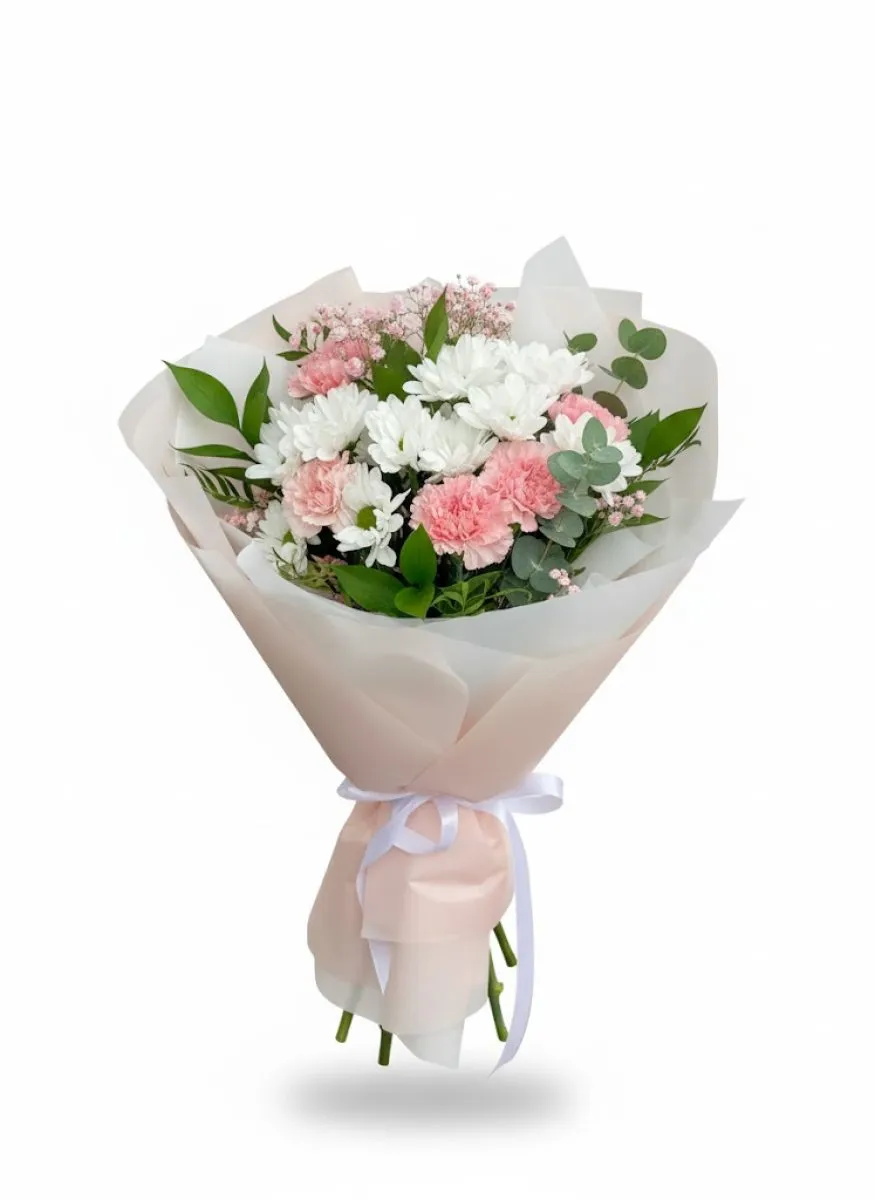 Buchet Delicat cu Garoafe Roz și Crizanteme Albe
