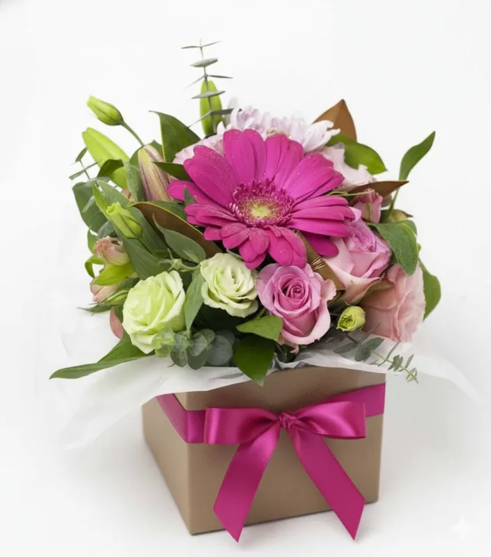 Aranjament în Cutie cu Gerbera și Trandafiri Roz