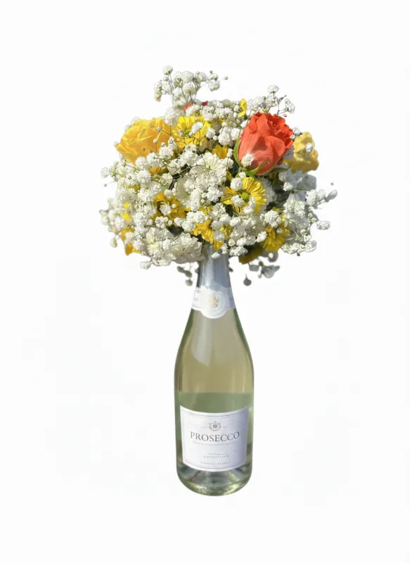 Aranjament Elegant cu Prosecco și Flori Galbene.