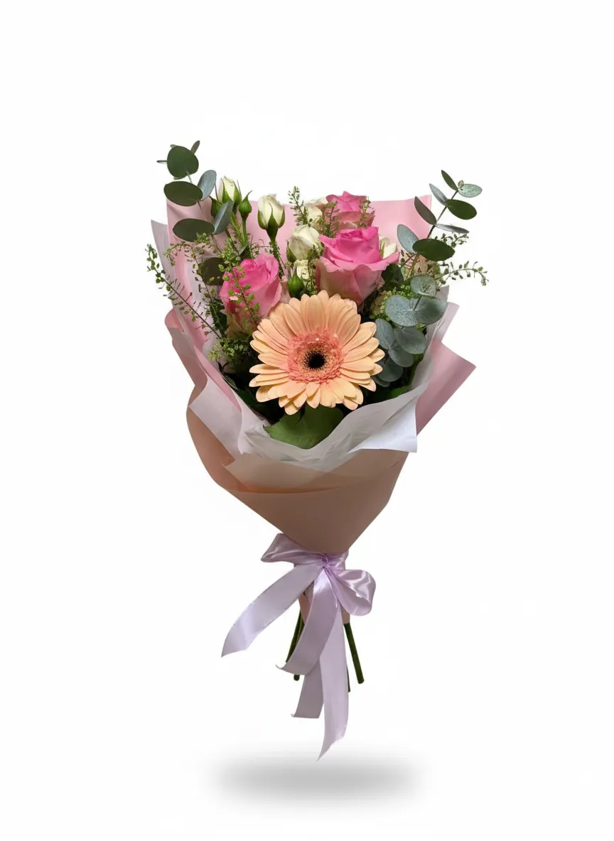 Buchet Pastel cu Gerbera și Trandafiri Roz