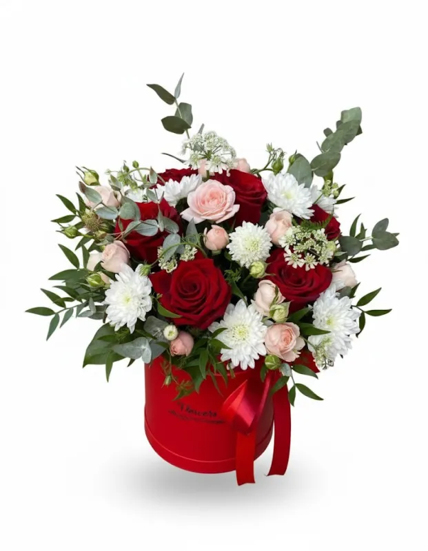 Aranjament Romantic în Cutie Roșie cu Trandafiri și Crizanteme