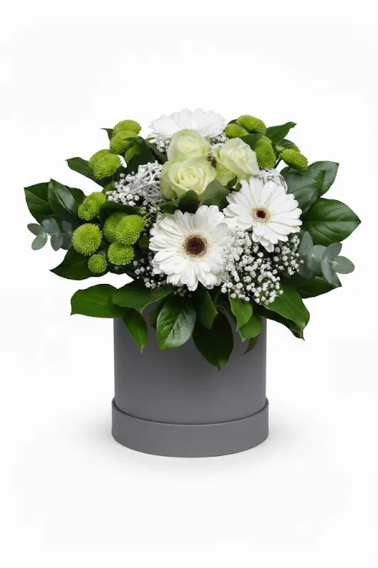 Aranjament Elegant Alb-Verde în Cutie Gri