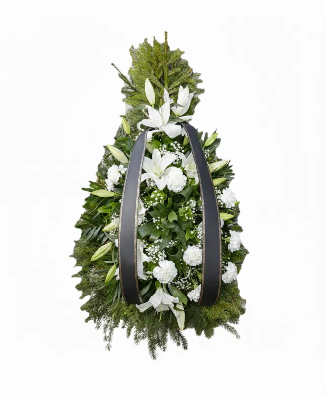 Coroană Funerară cu Crini și Garoafe Albe