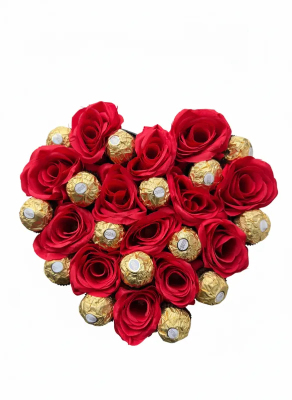 Cutie Inimă cu Trandafiri Roșii și Ferrero Rocher