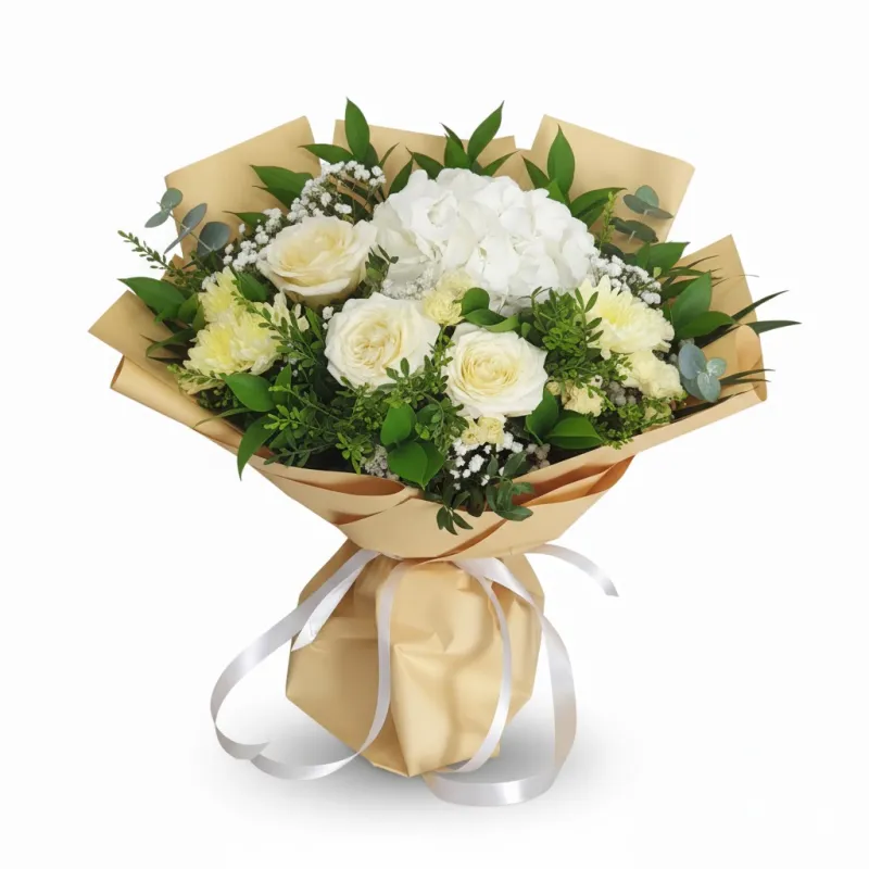 Buchet Elegant cu Trandafiri Albi, Hortensie și Crizanteme Crem