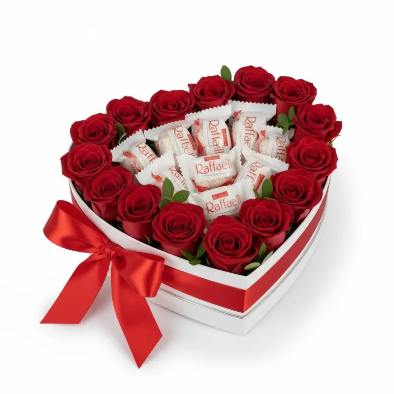 Cutie Inimă cu Trandafiri Roșii și Bomboane Raffaello