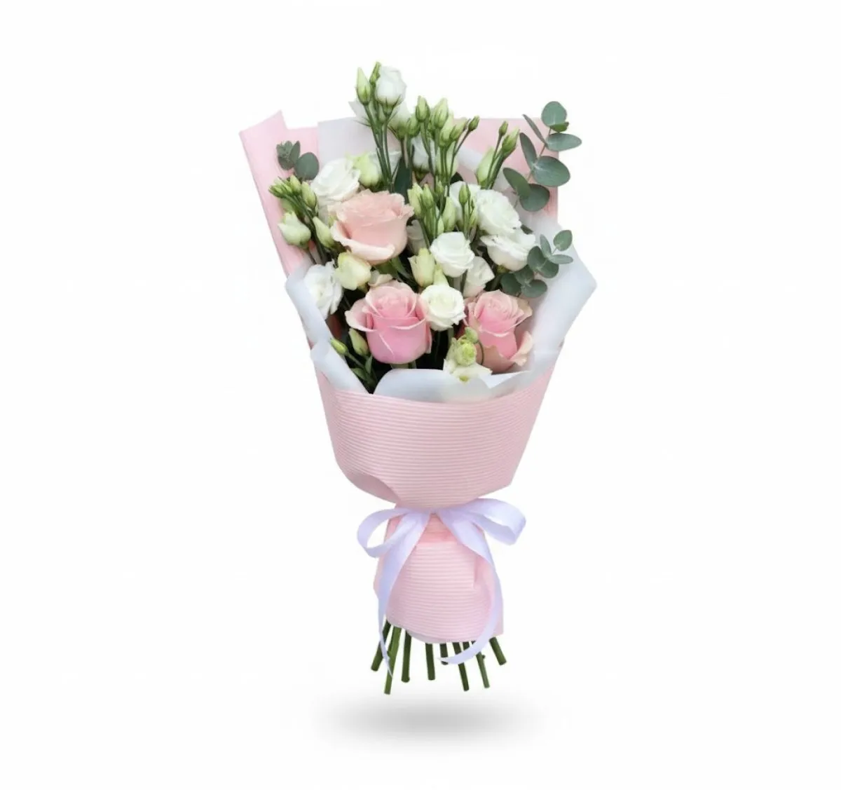 Buchet Delicat Roz și Alb cu Trandafiri și Lisianthus