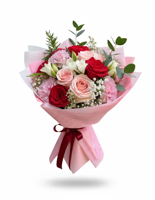Buchet Romantic Roșu și Roz Pastel