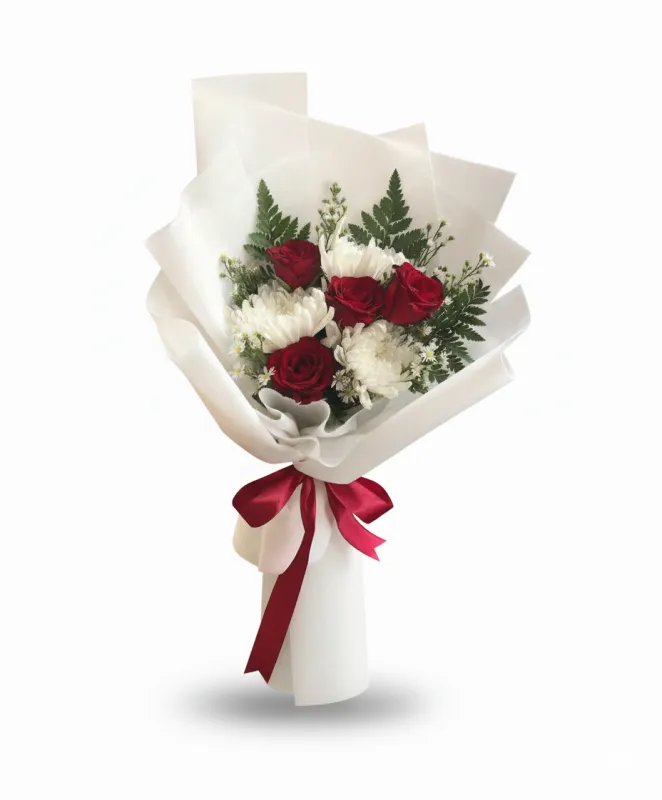 Buchet Clasic Roșu și Alb cu Crizanteme