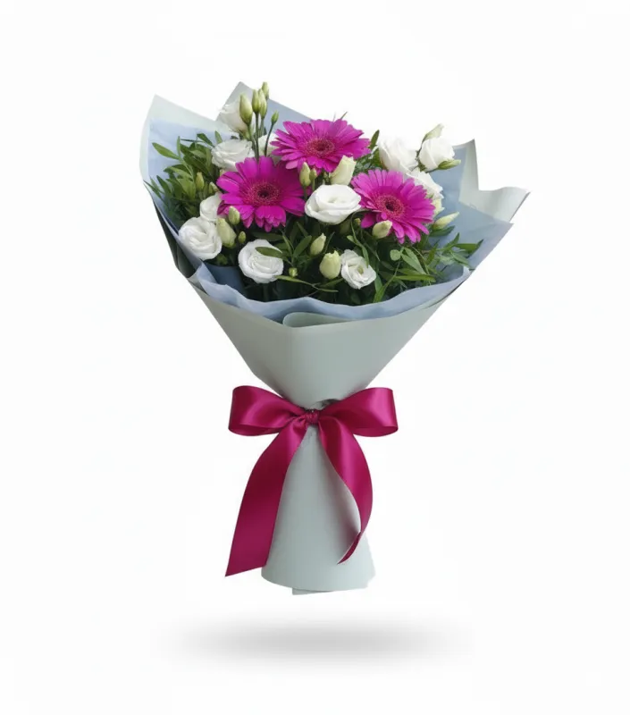 Buchet Violet Charm cu Gerbera și Lisianthus Alb