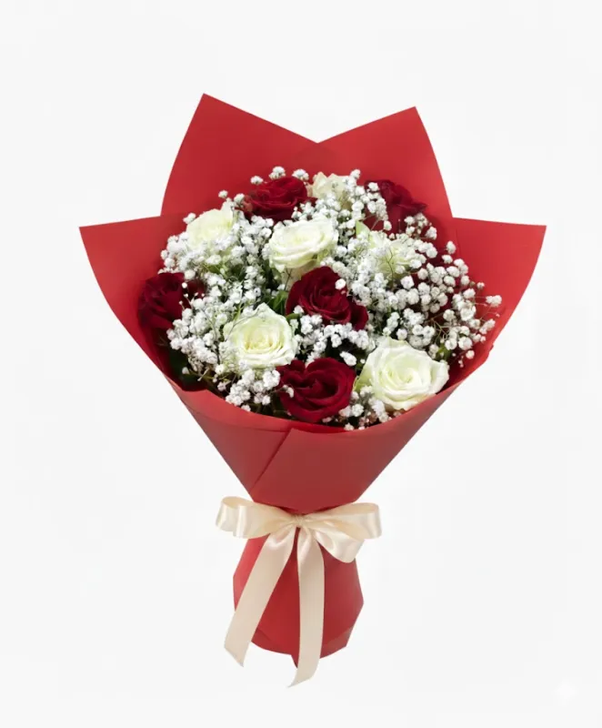 Buchet cu Trandafiri Roșii și Albi și Gypsophila