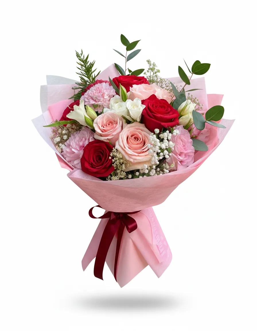 Buchet Romantic Roșu și Roz Pastel