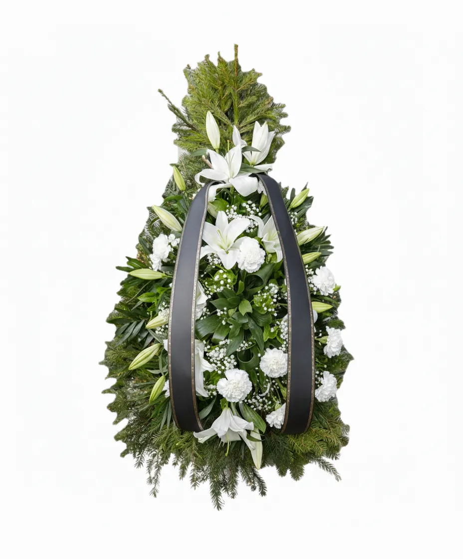 Coroană Funerară cu Crini și Garoafe Albe