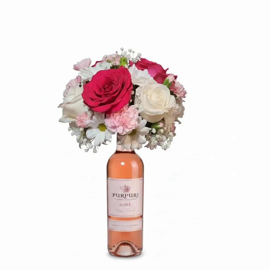 Aranjament Romantic cu Vin roze si Flori pastel