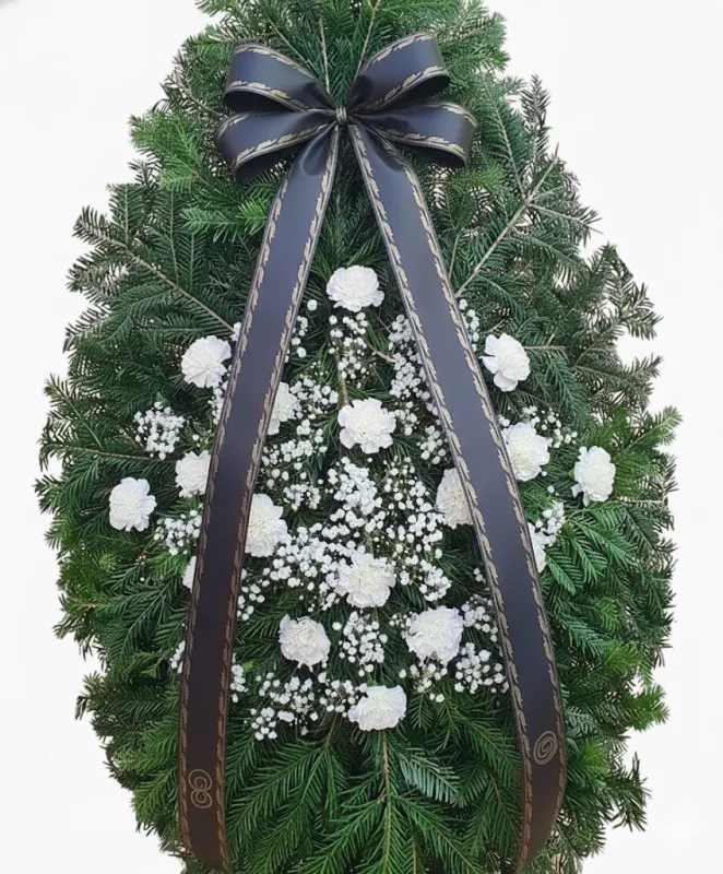 Coroana Funerară Albă cu Garoafe