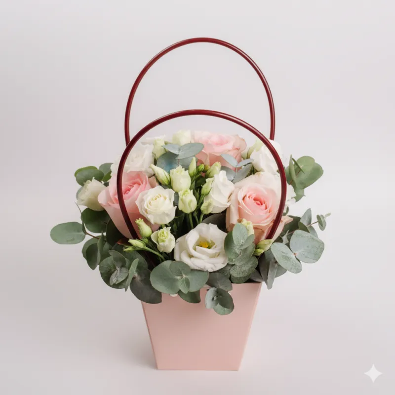 Coșuleț Elegant cu Trandafiri Roșii și Lisianthus Alb