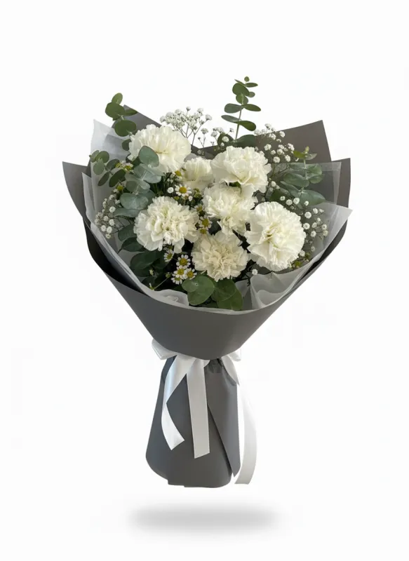 Buchet Elegant cu Garoafe Albe și Eucalipt