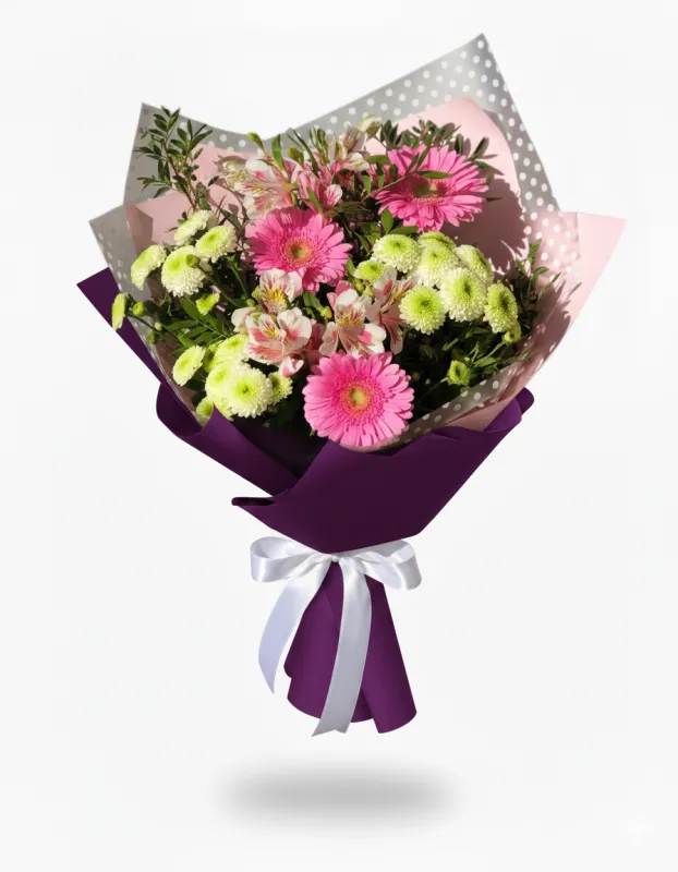 Buchet cu Gerbera Roz și Crizanteme Verzi