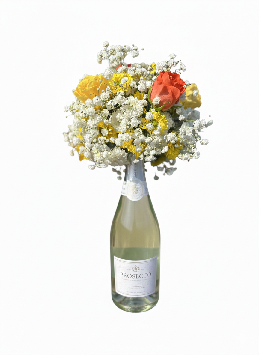 Aranjament Elegant cu Prosecco și Flori Galbene.