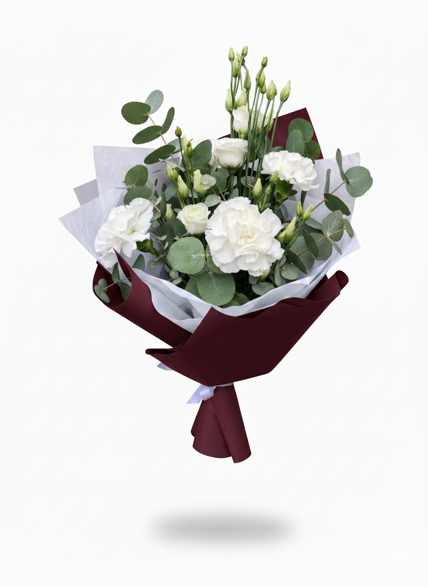 Buchet Elegant cu Garoafe Albe și Eucalipt