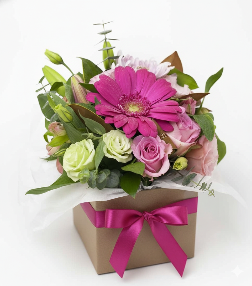 Aranjament în Cutie cu Gerbera și Trandafiri Roz