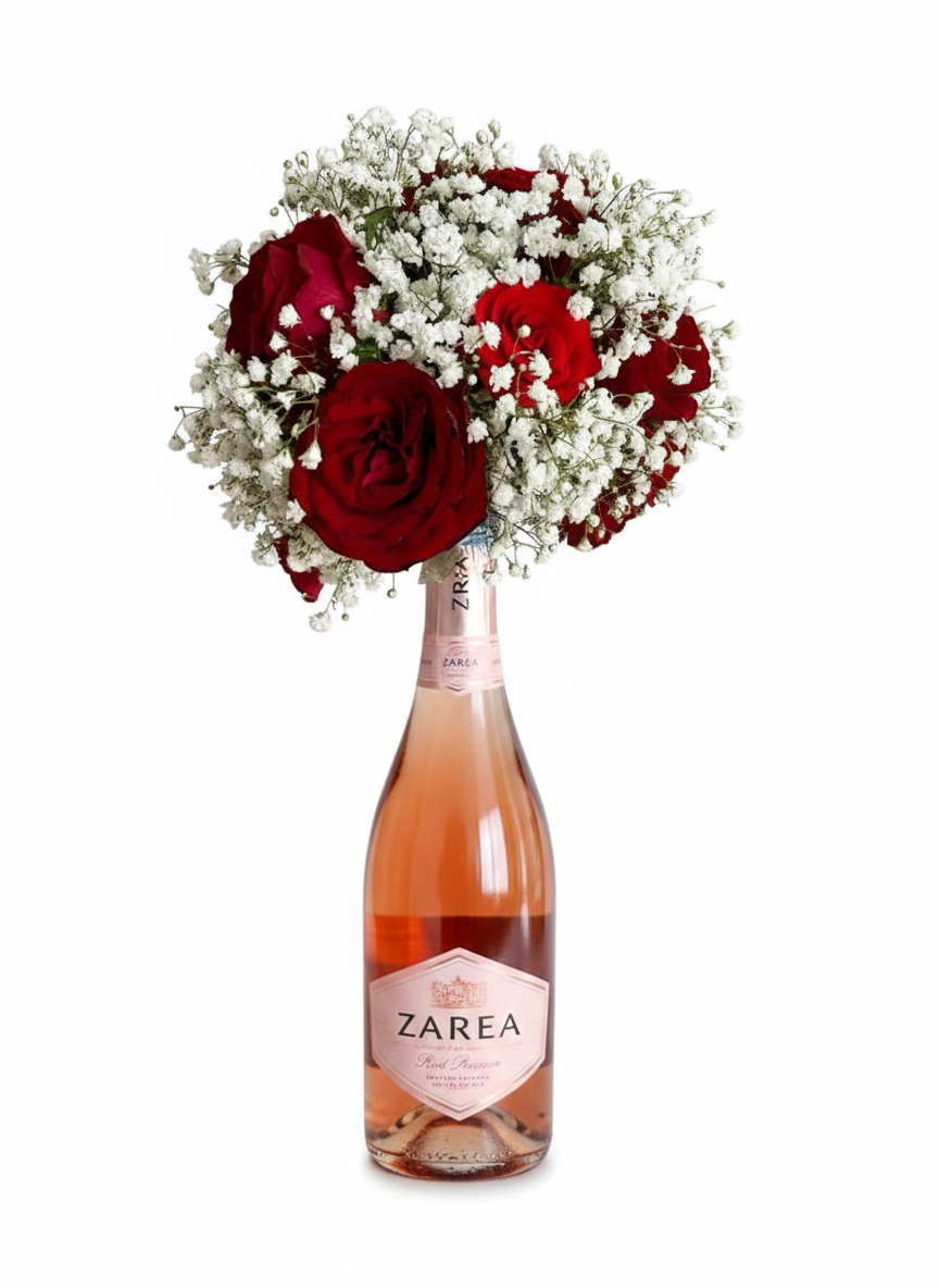 Aranjament Romantic cu Trandafiri Roșii și Șampanie rose