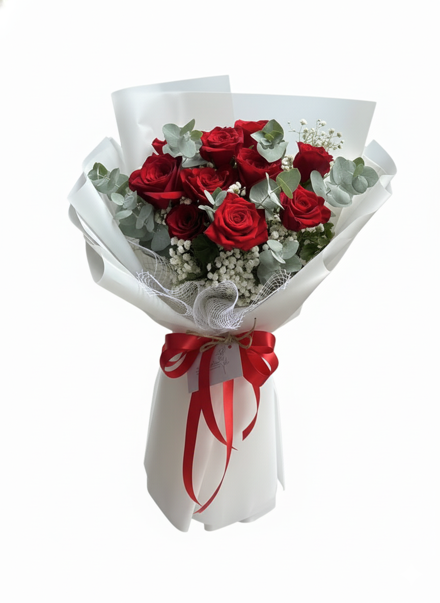 Buchet Clasic Trandafiri Roșii și Eucalipt