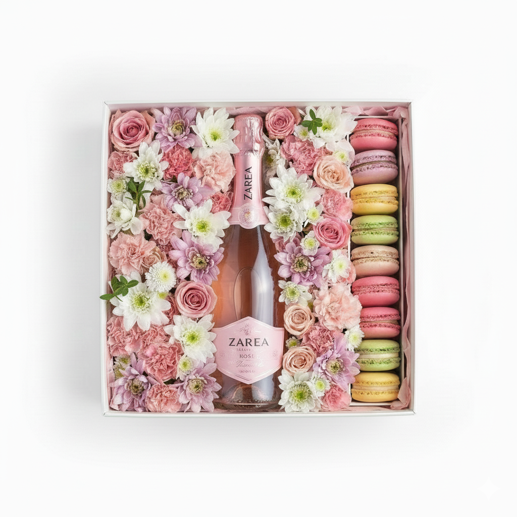 Cutie flori și macarons