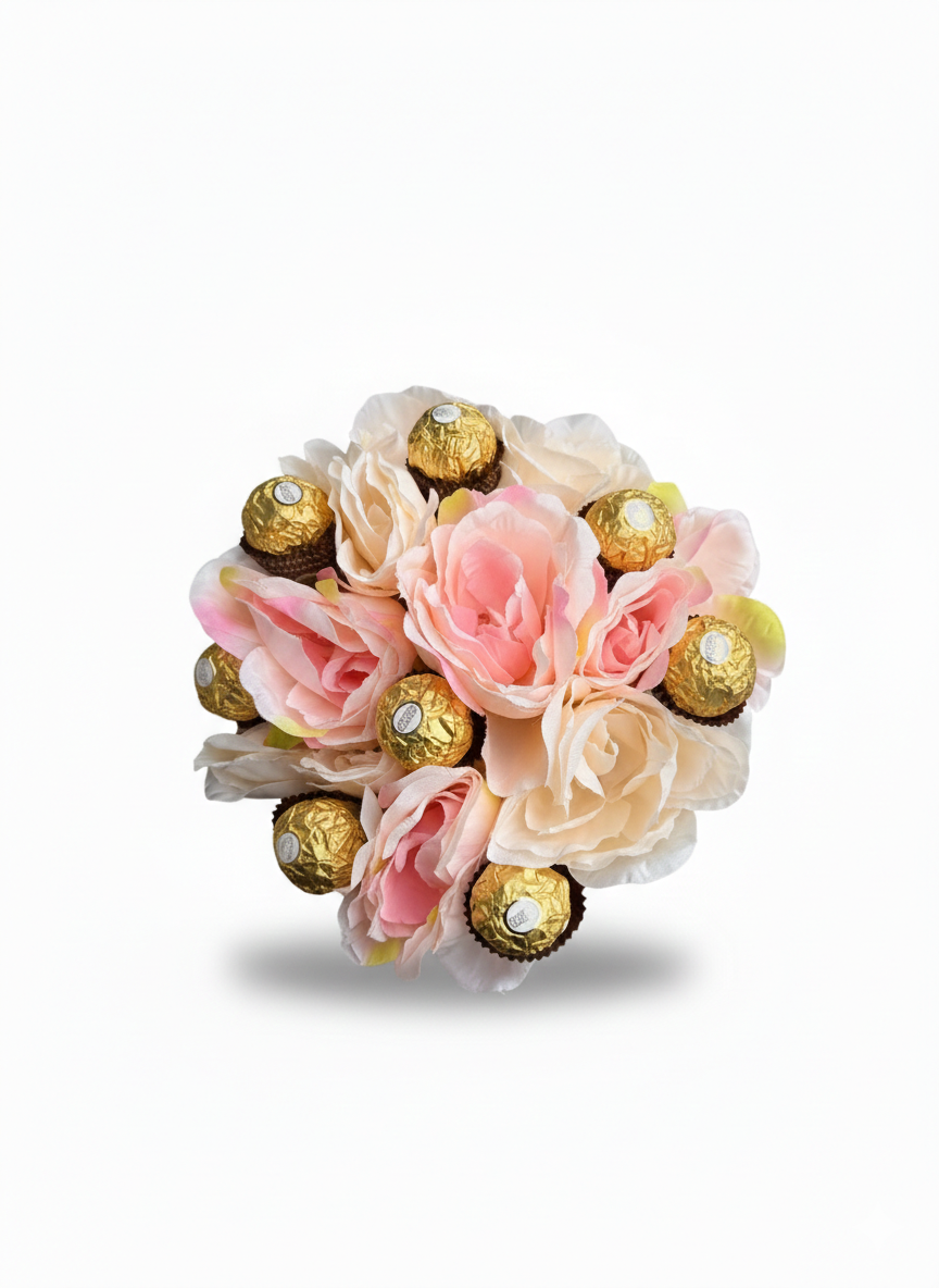 Cutie Florală Cilindrică cu Ferrero Rocher și Trandafiri Pastel