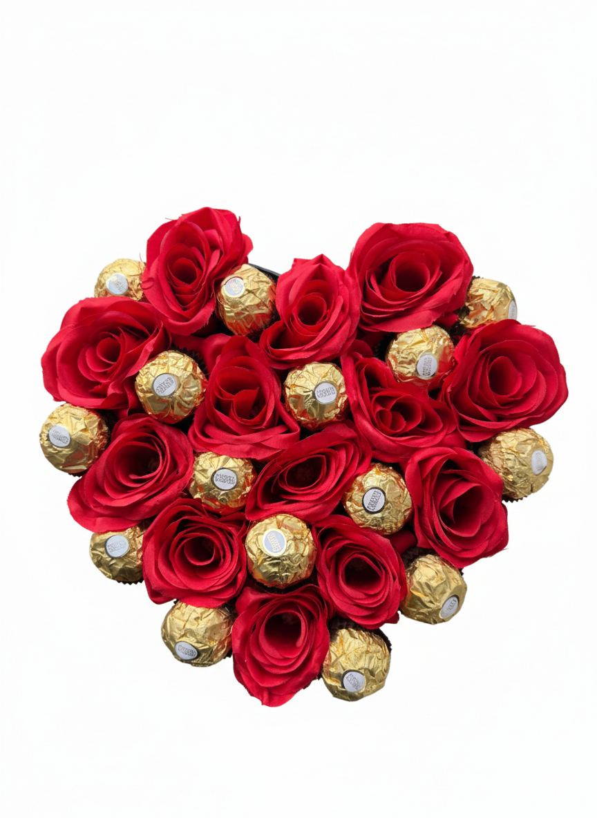 Cutie Inimă cu Trandafiri Roșii și Ferrero Rocher