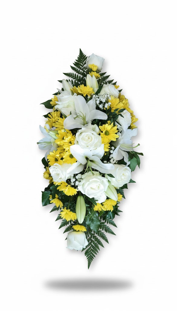Aranjament Funerar cu Trandafiri Albi Crizanteme Galbene și Crini
