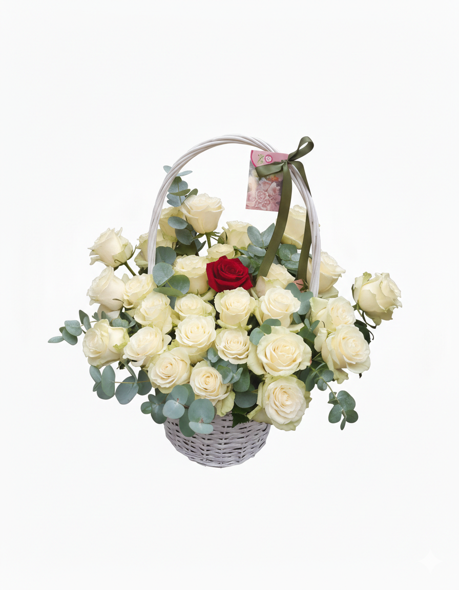 Aranjament Coș Trandafiri Albi cu Accent Roșu