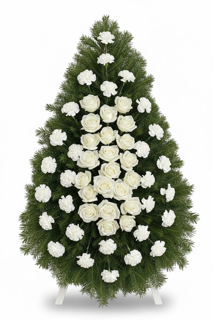 Coroană Funerară Albă cu Trandafiri și Garoafe