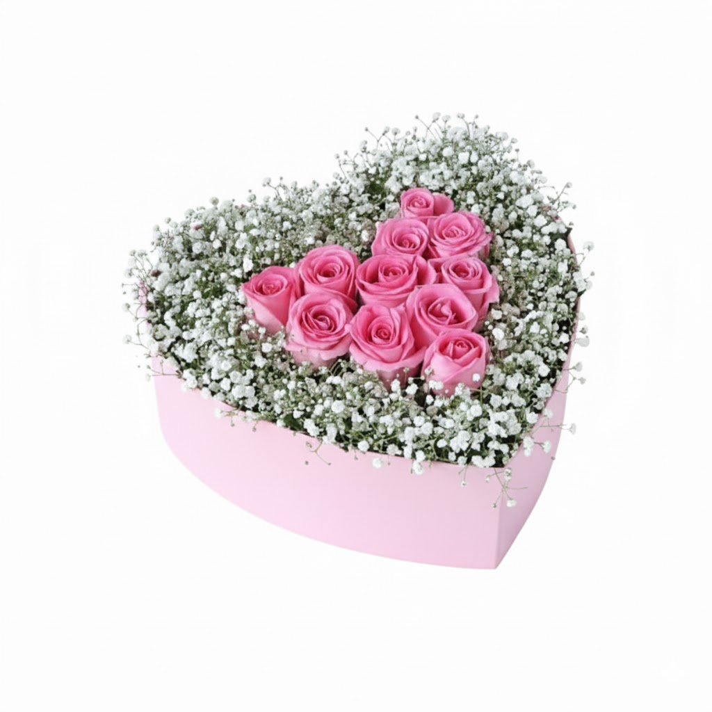 Aranjament Inimă cu Trandafiri Roz și Gypsophila Albă