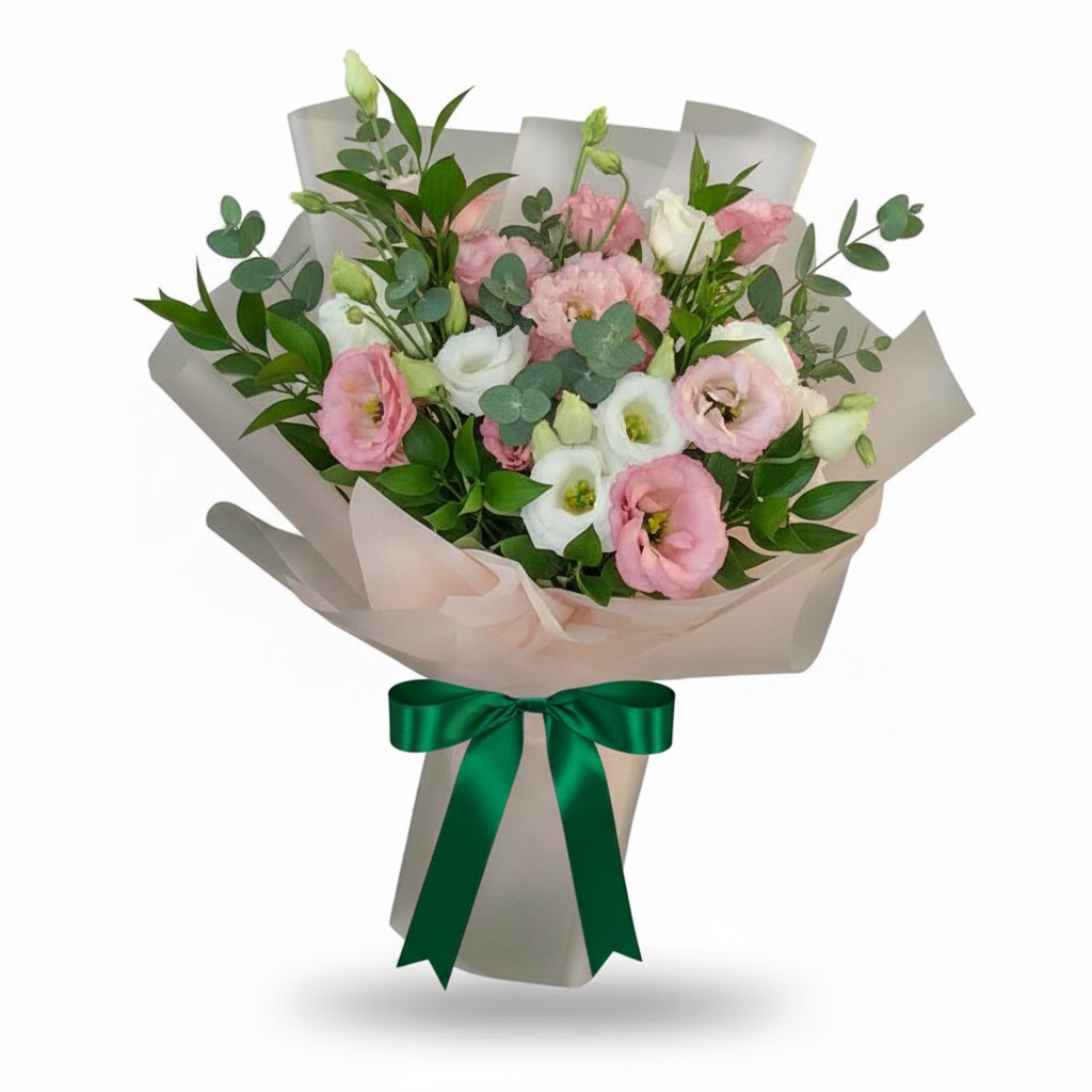 Buchet Delicat cu Lisianthus Alb și Roz
