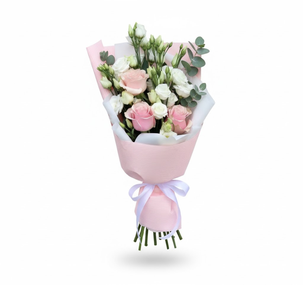 Buchet Delicat Roz și Alb cu Trandafiri și Lisianthus